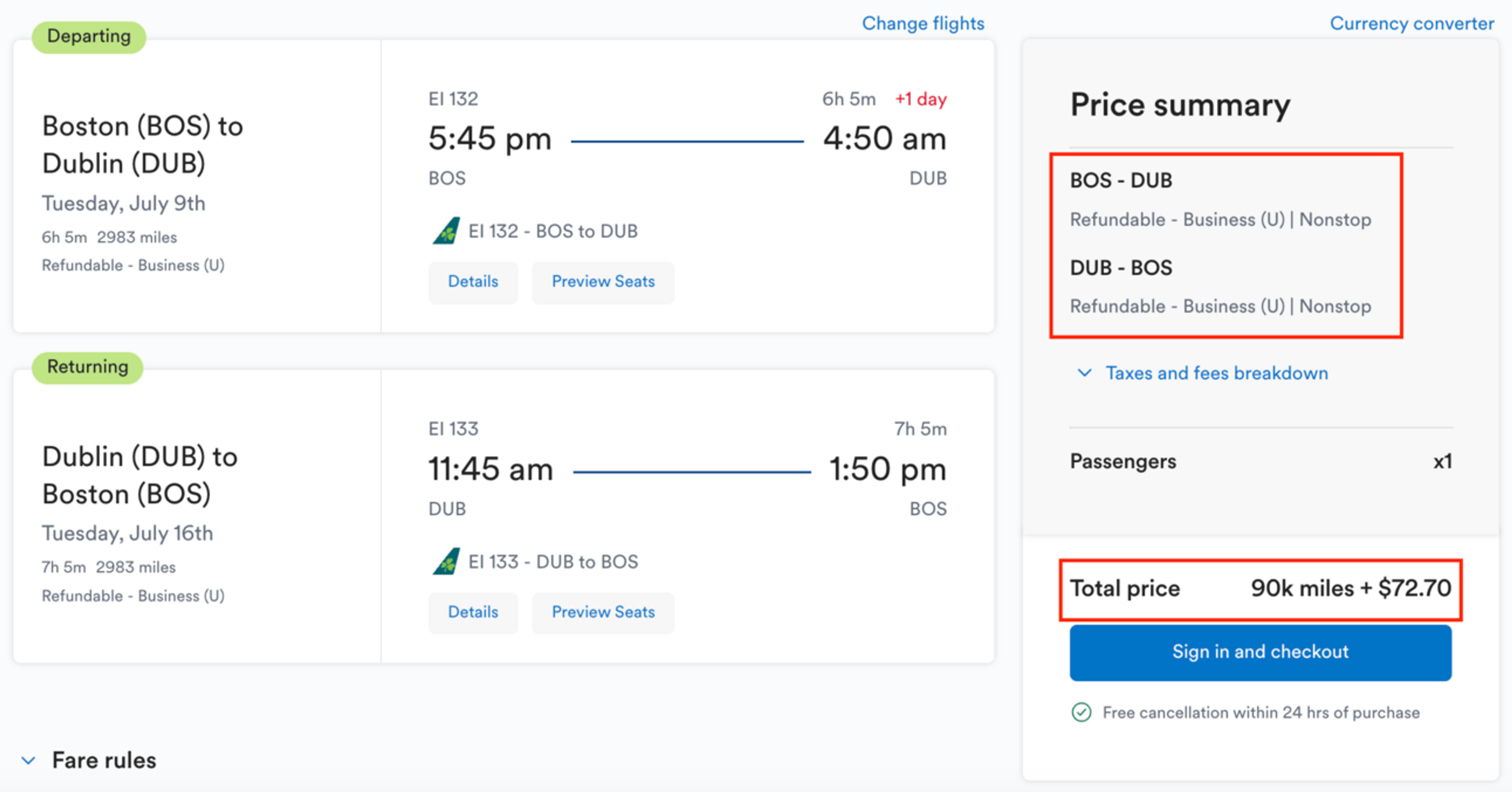 BOS-DUB round trip for 90k miles