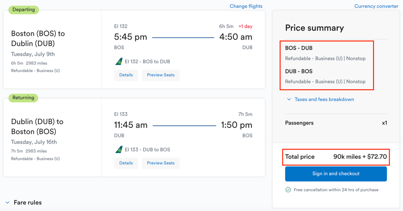 BOS-DUB round trip for 90k miles
