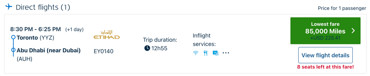 A screenshot of a business-class flight on Etihad for 85k miles