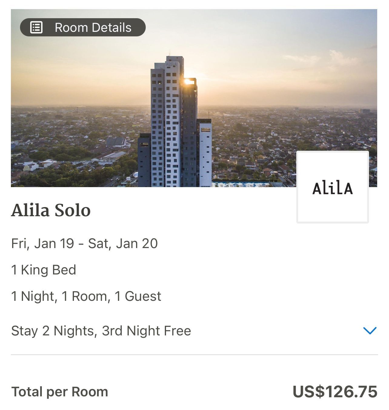 A screenshot of the booking page from Hyatt, showing a cash cost of $127 for the Alila Solo
