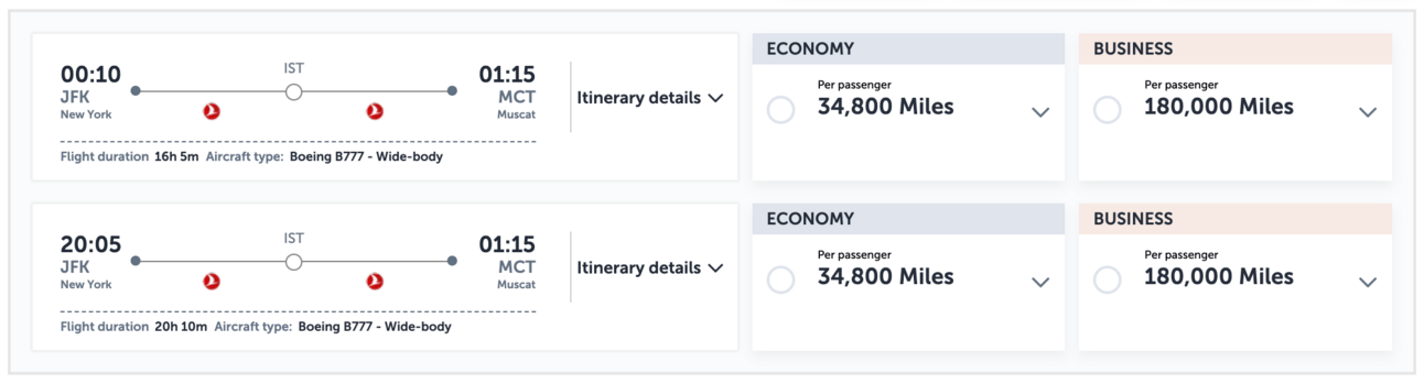 JFK to Muscat, Oman for 34,000 miles