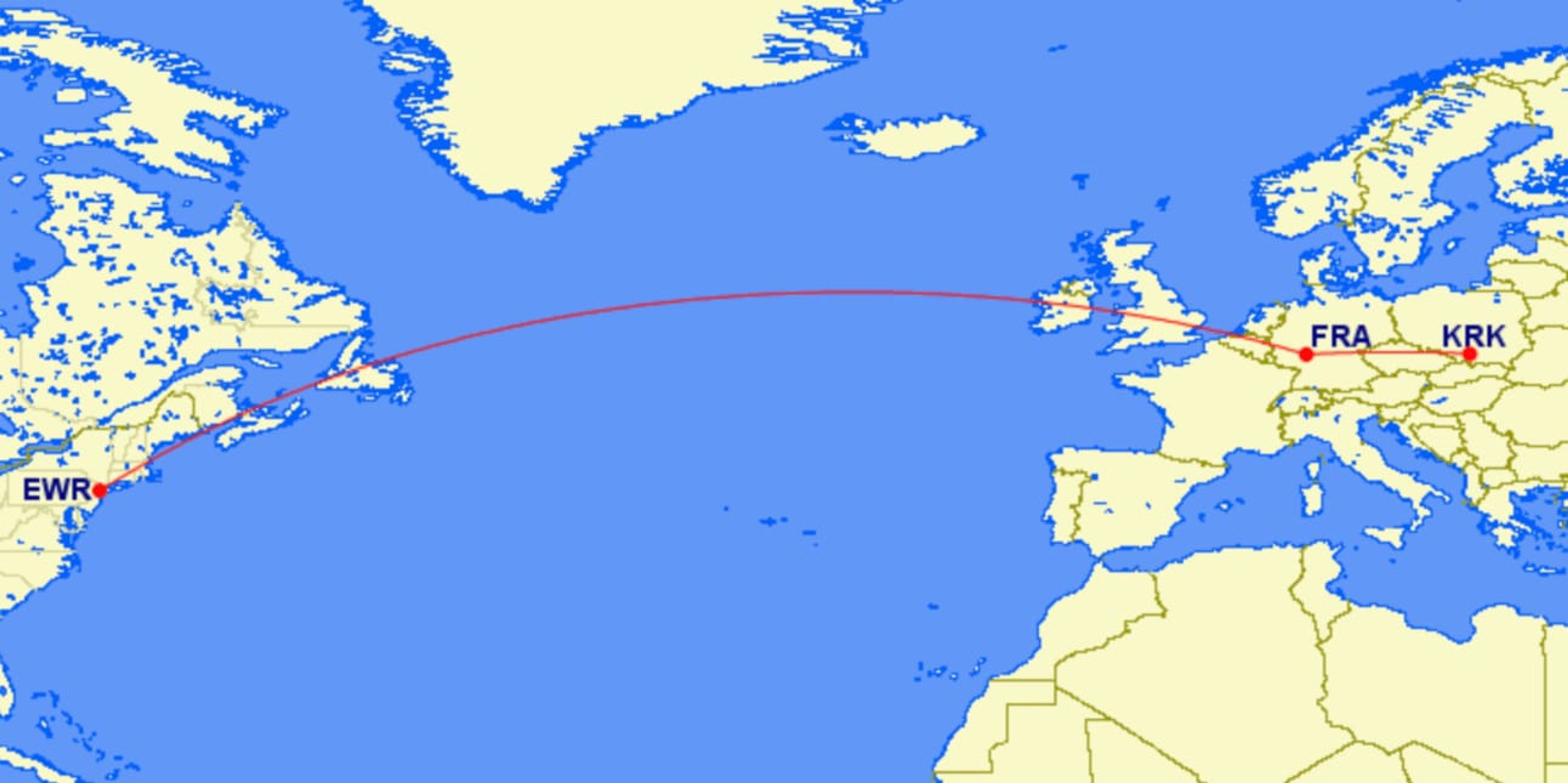 Flight route shown from Europe to New York