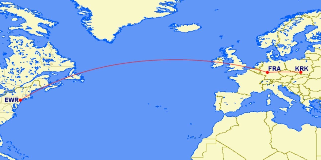 Flight route shown from Europe to New York
