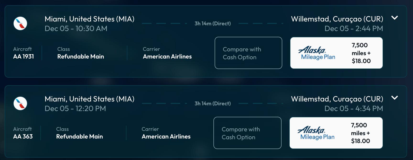 Miami to Curacao for 7,500 miles