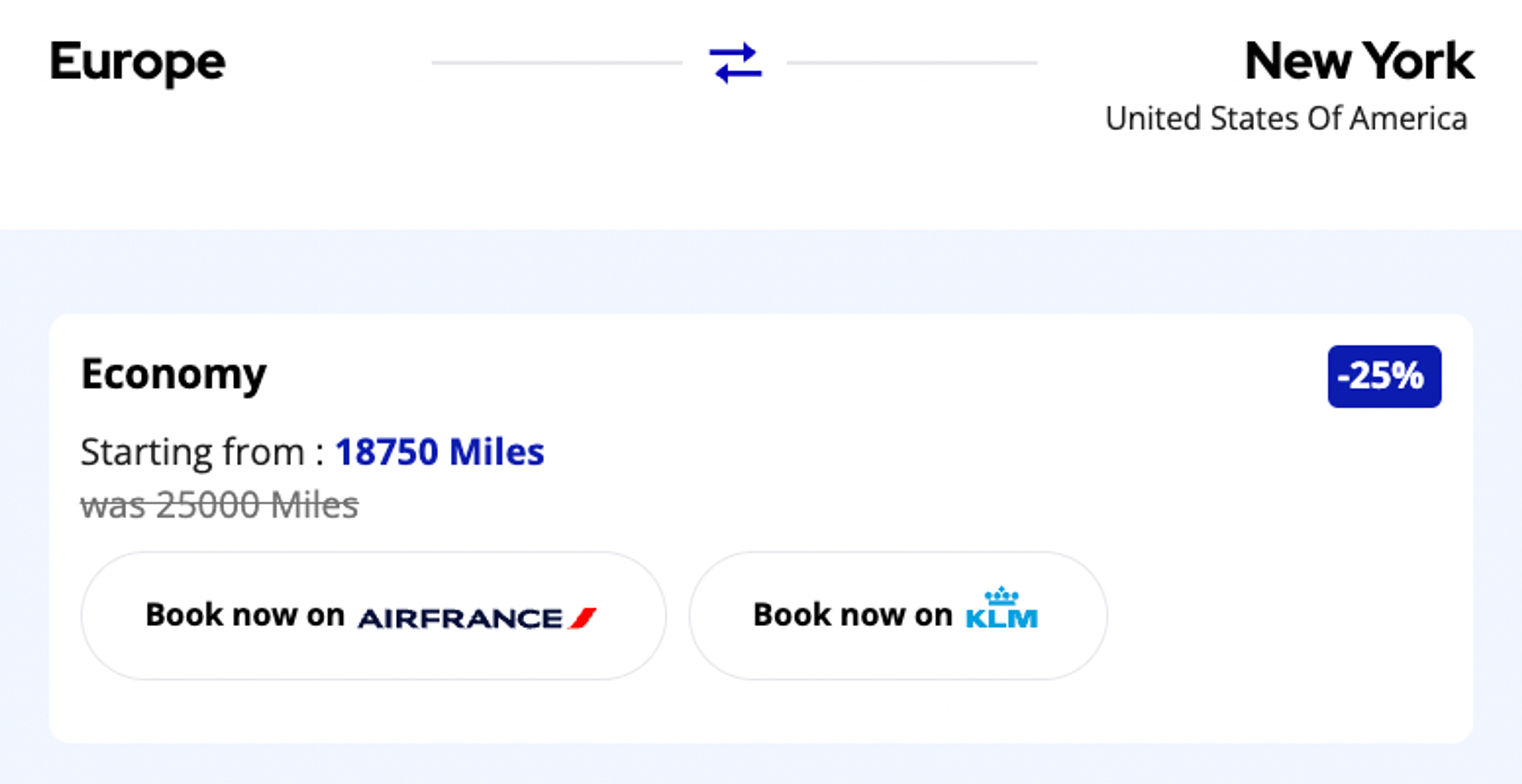 New York (JFK) to Europe for 18,750 in economy