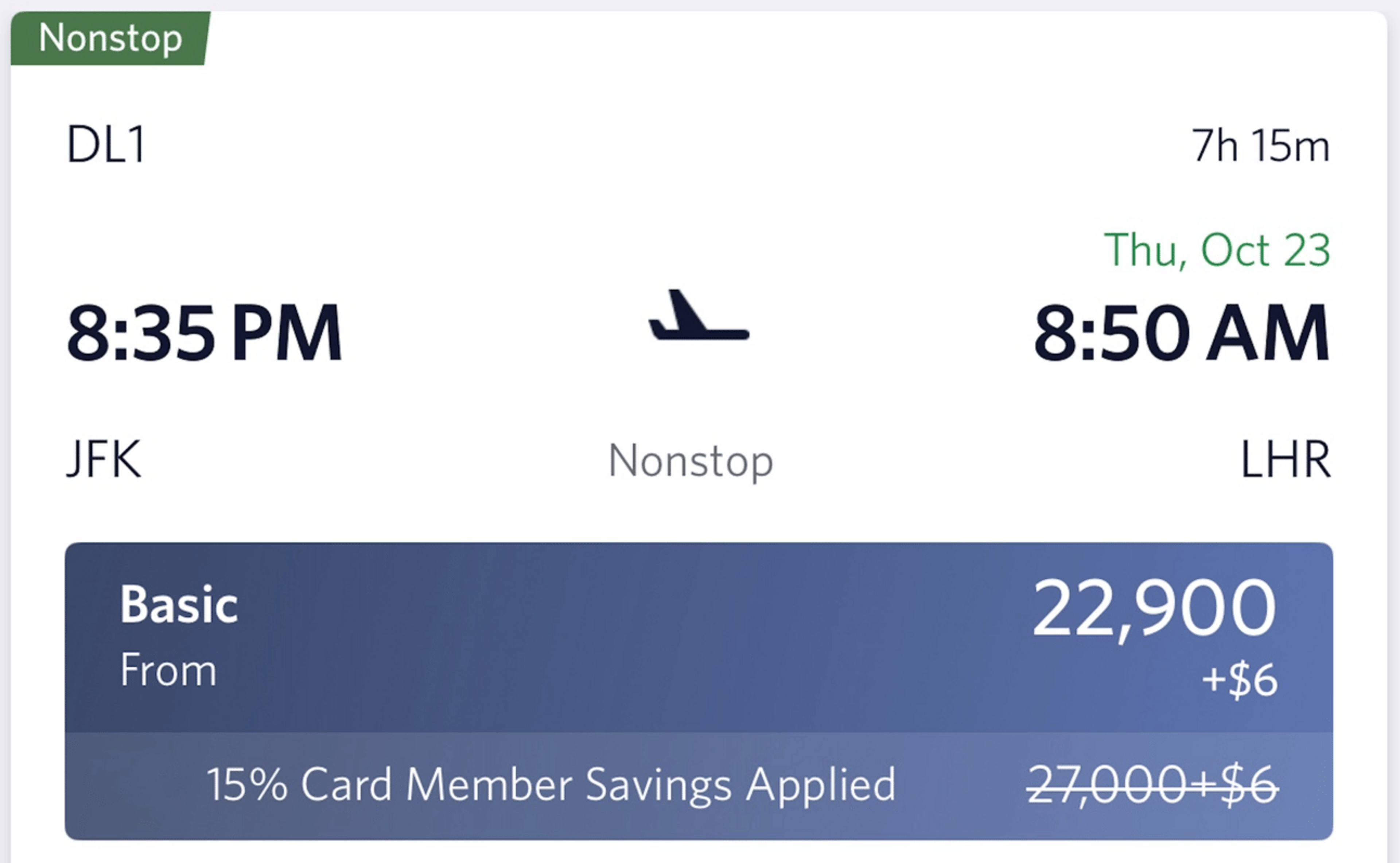 New York to London for 22,900 Delta miles with the 15% discount