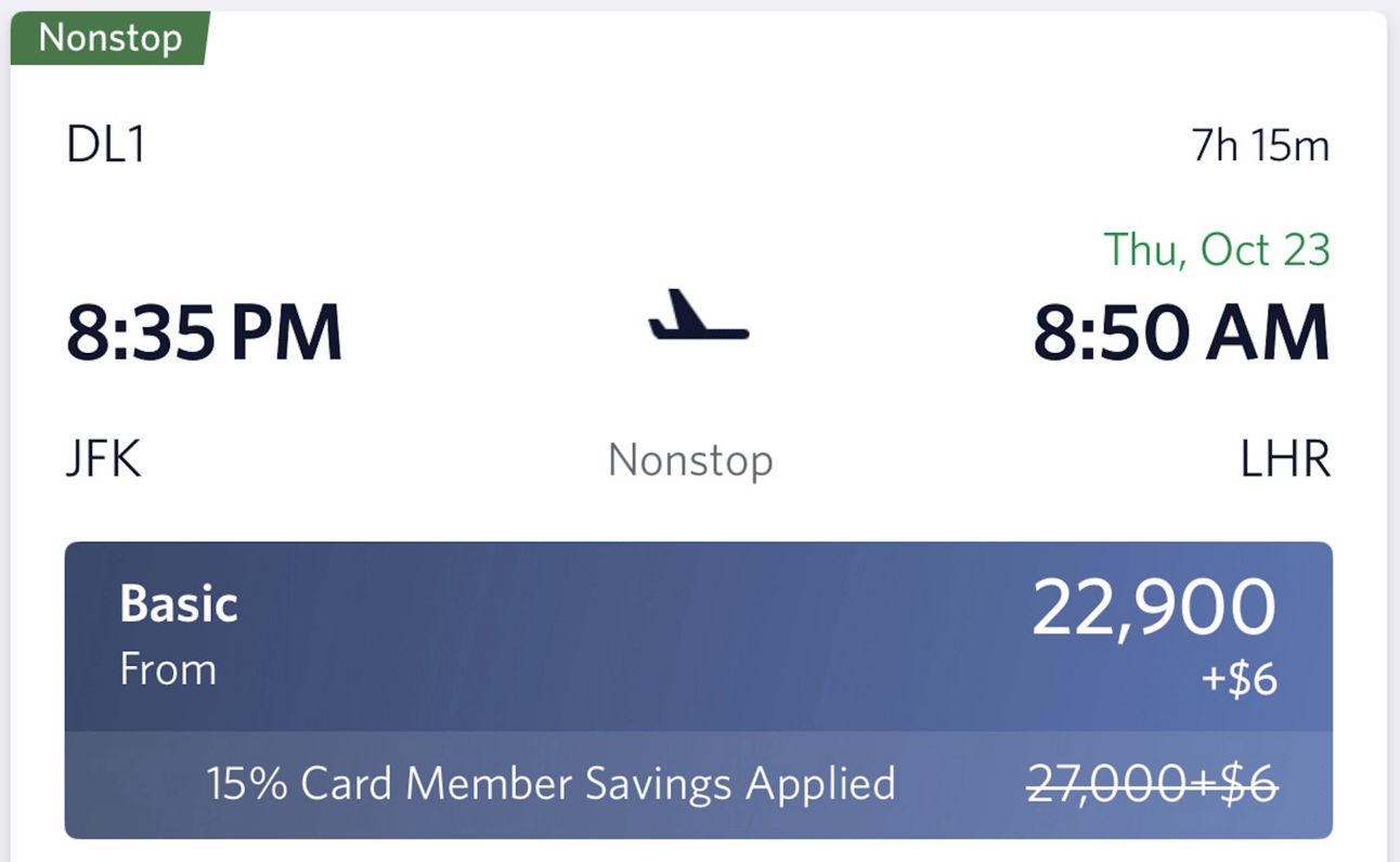 New York to London for 22,900 Delta miles with the 15% discount