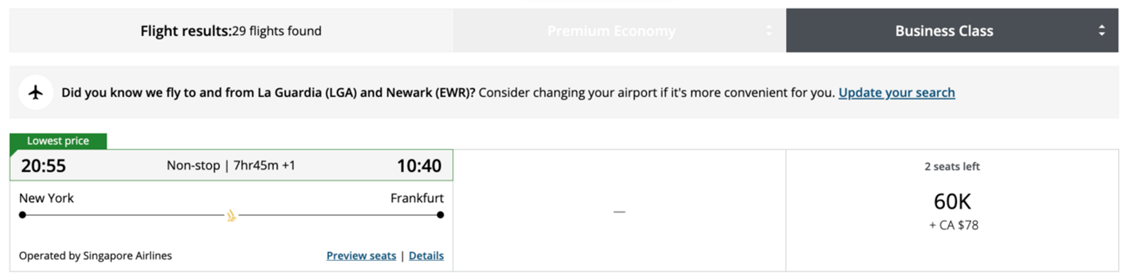 NYC to Frankfurt for 60,000 Aeroplan points on Singapore