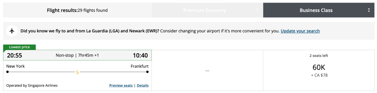 NYC to Frankfurt for 60,000 Aeroplan points on Singapore