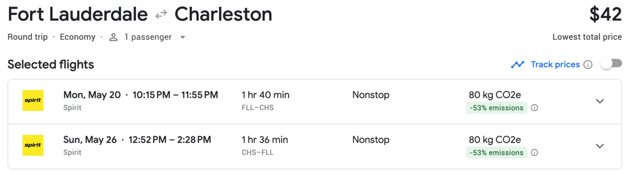Sample round-trip Spirit flight for $42