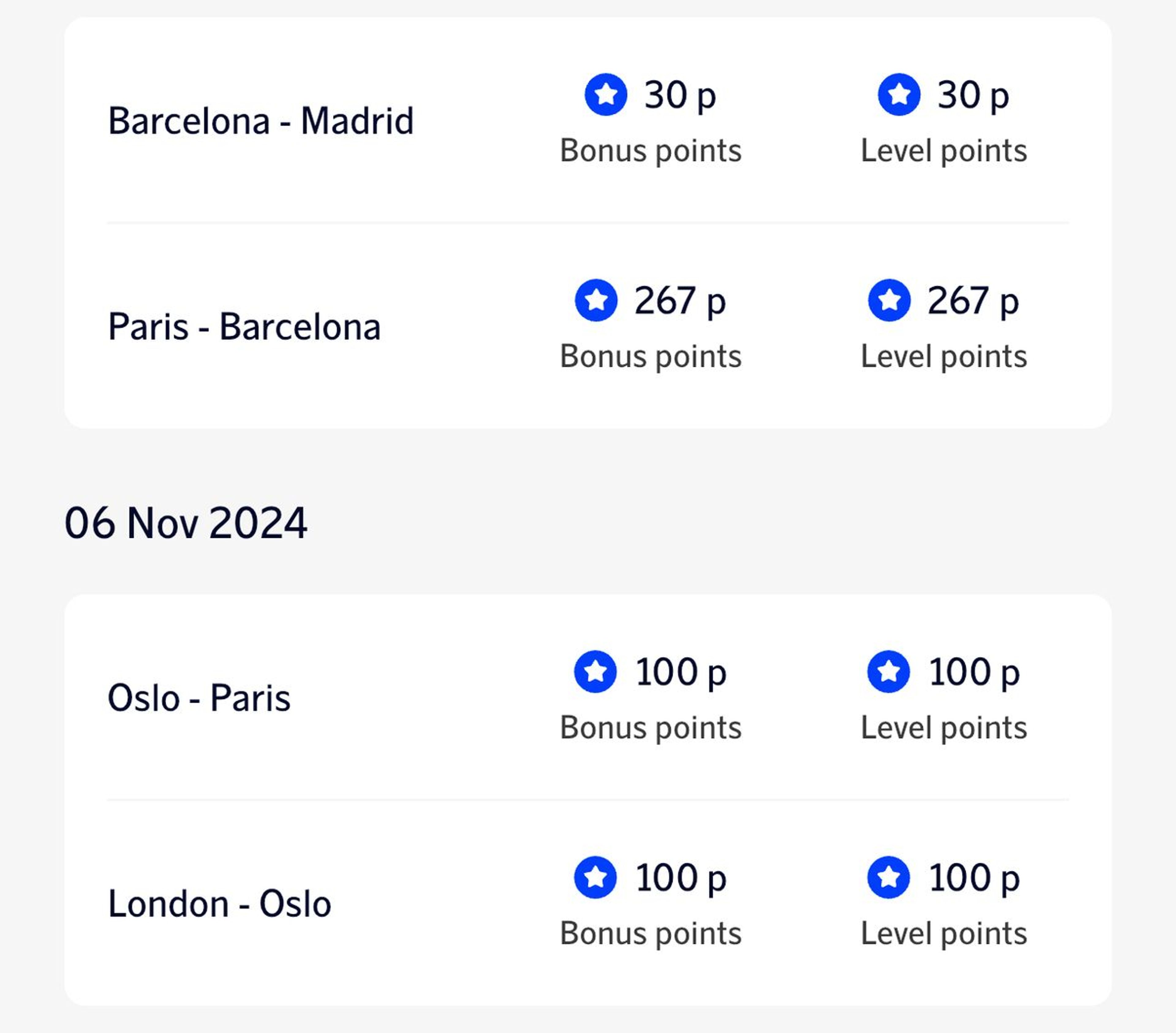 Examples of various SkyTeam flights and how many points I earned from them