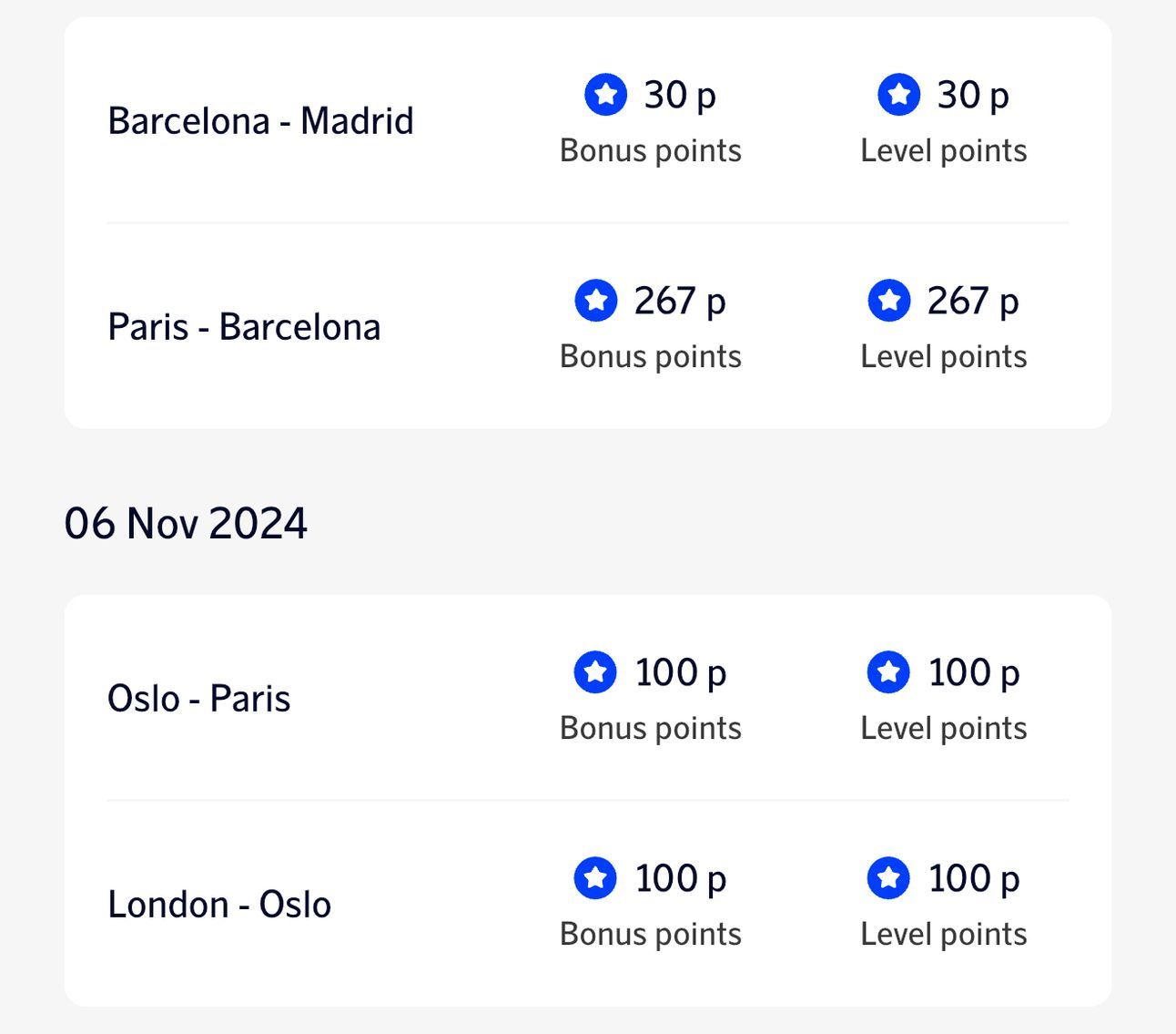 Examples of various SkyTeam flights and how many points I earned from them