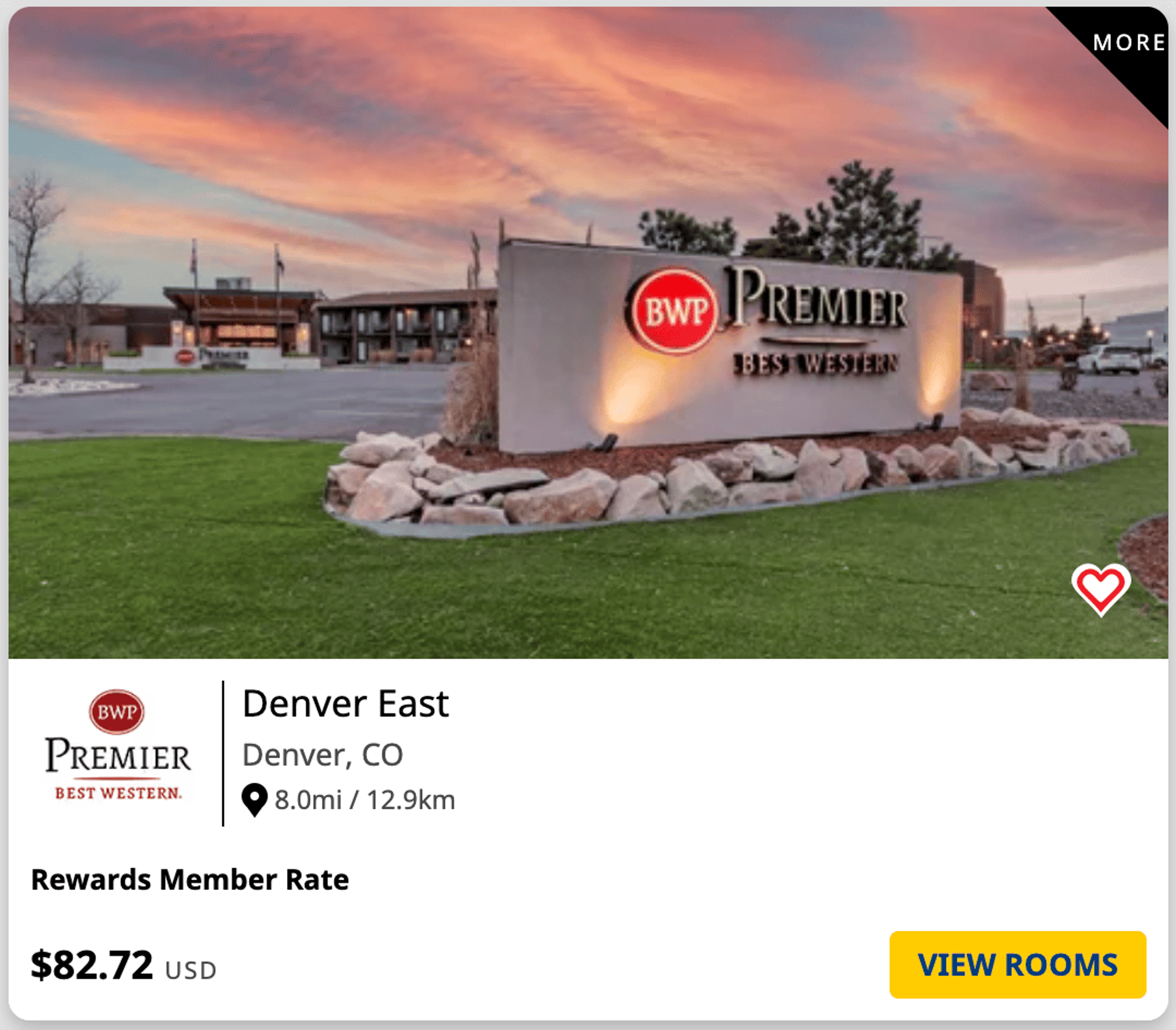 A screenshot from Best Western's website, showing a property in Denver, Colorado that costs around $80 per night.