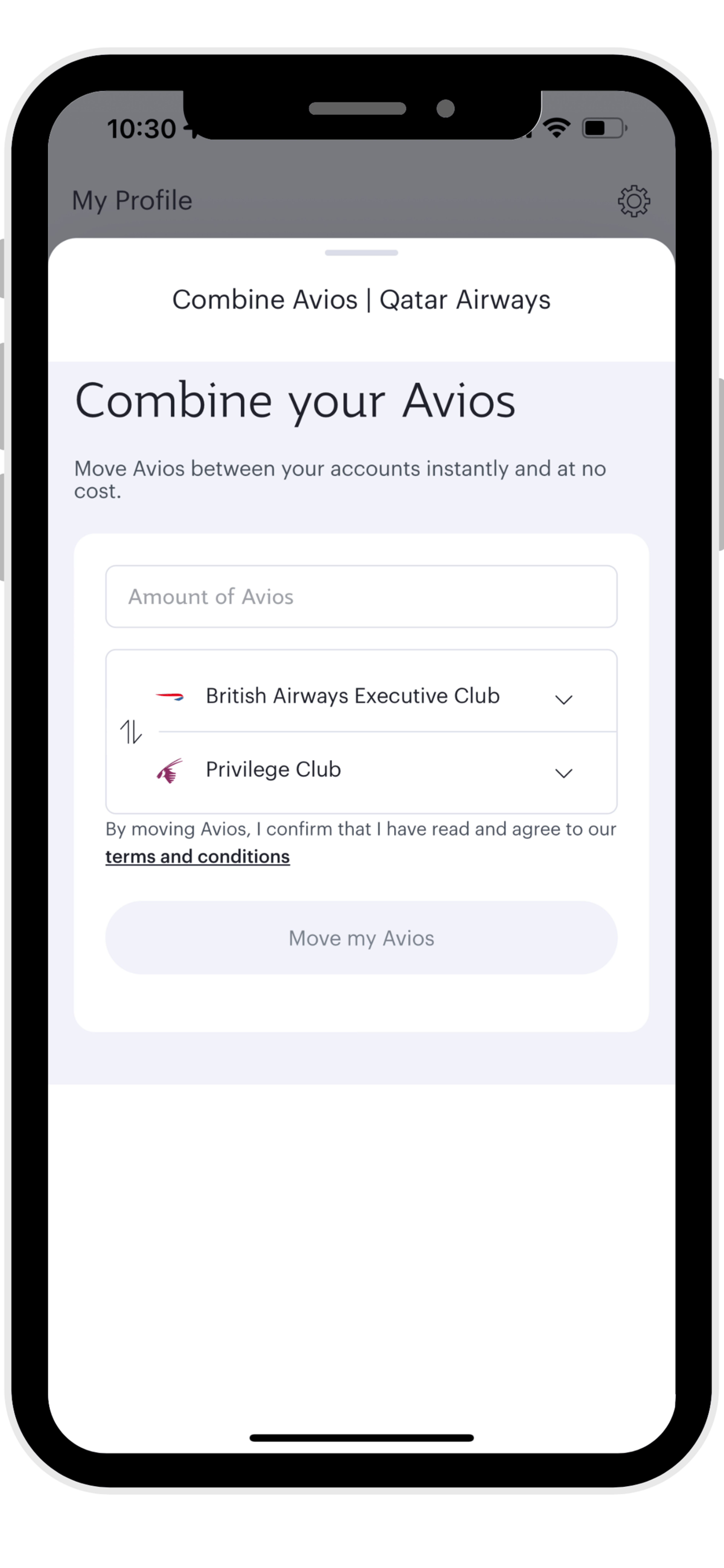"Combine Avios" page on the Qatar app