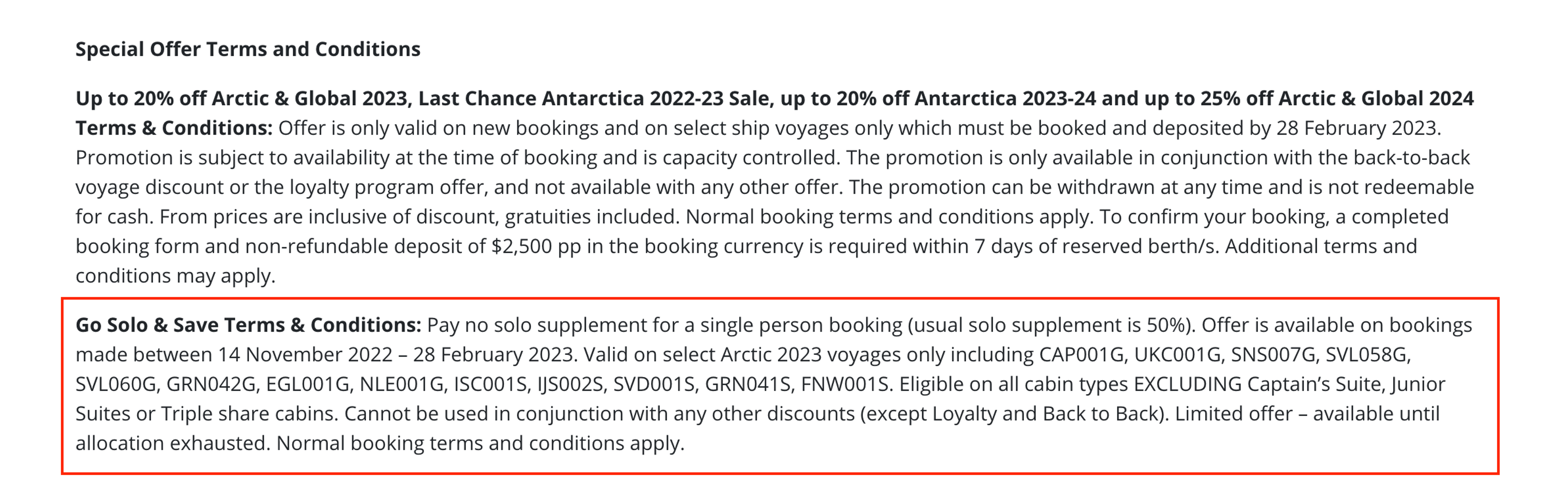Solo cruise deal terms