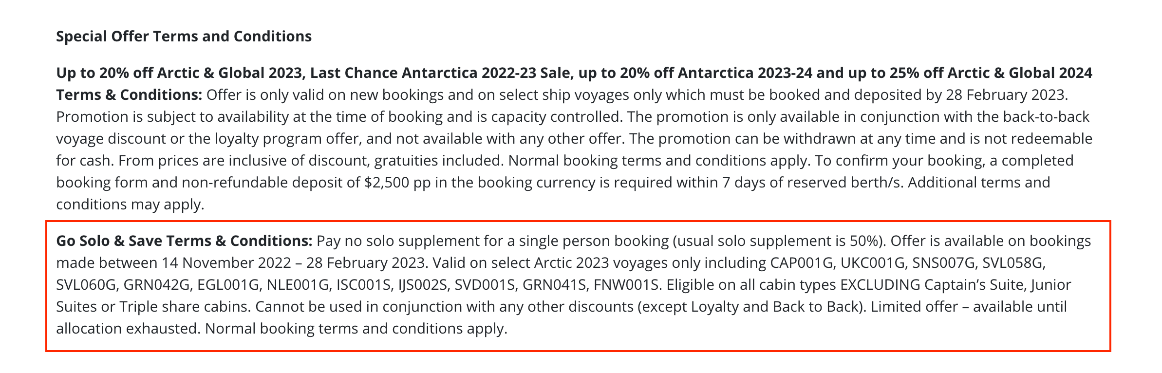 Solo cruise deal terms