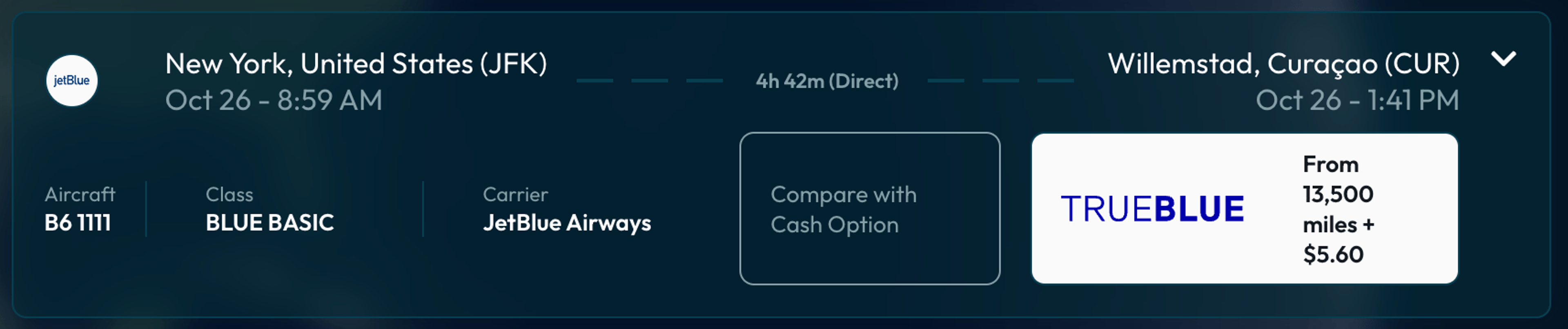 New York to Cuacao for 13,500 JetBlue points
