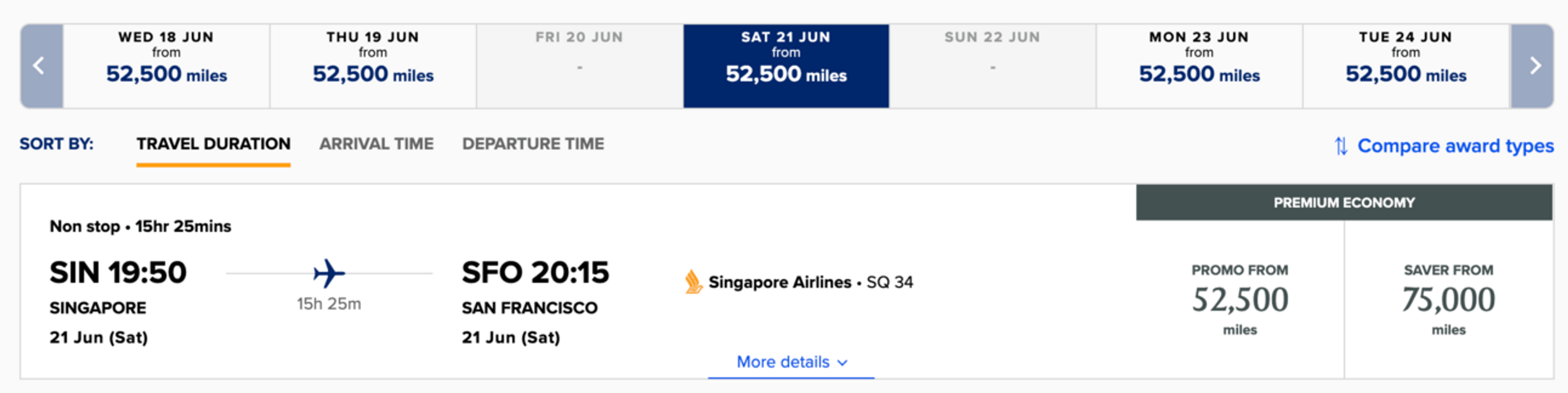 SIN-SFO for 52,000 mie in Premium Economy