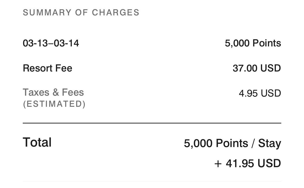 A screenshot of the aforementioned property showing the points and resort fee for a ingle night