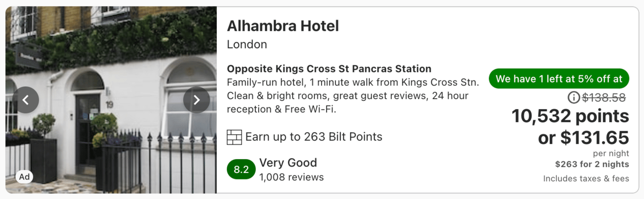 An example of a hotel booking in London through the Bilt travel portal