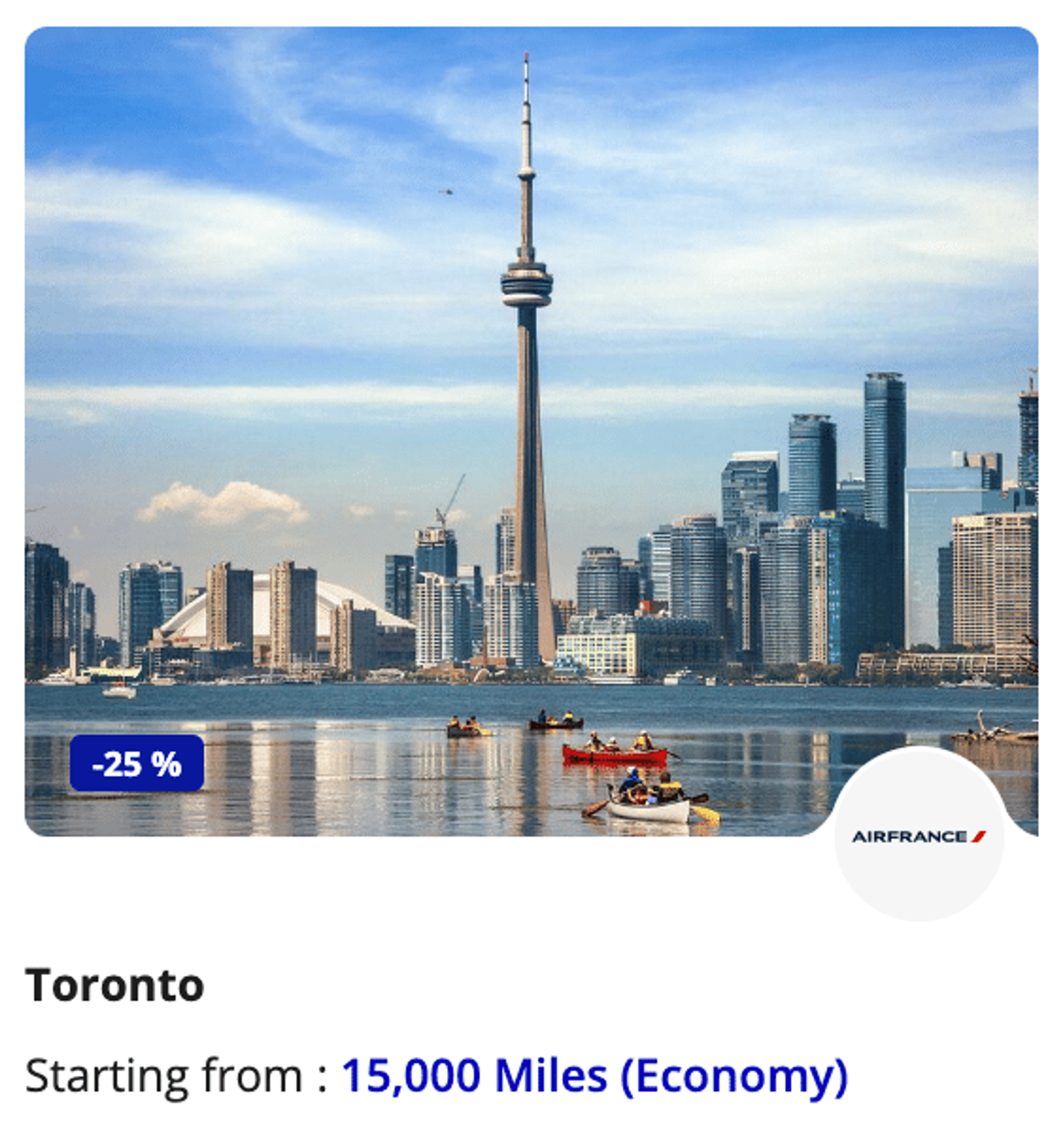 A screenshot showing an AirFrance deal flying from Toronto for 15,000 miles