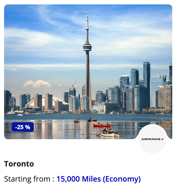 A screenshot showing an AirFrance deal flying from Toronto for 15,000 miles