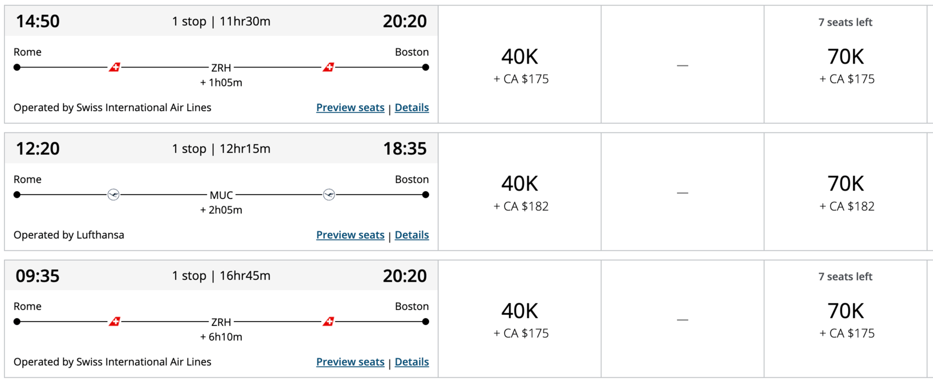 Examples of flights from Rome (FCO) to Boston (BOS) via Aeroplan