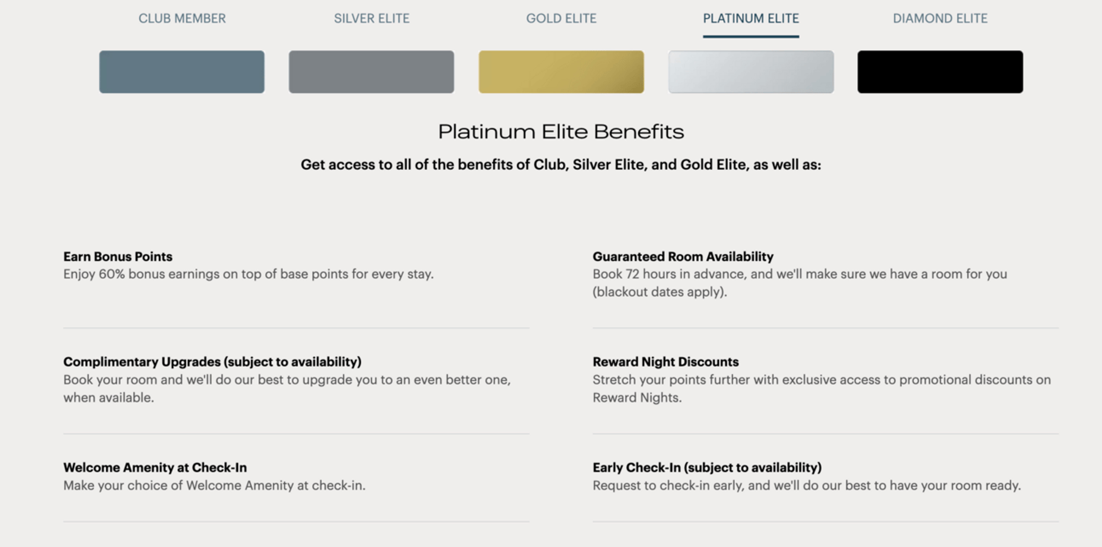 A screenshot from IHG's website showing the various benefits of Platinum elite status