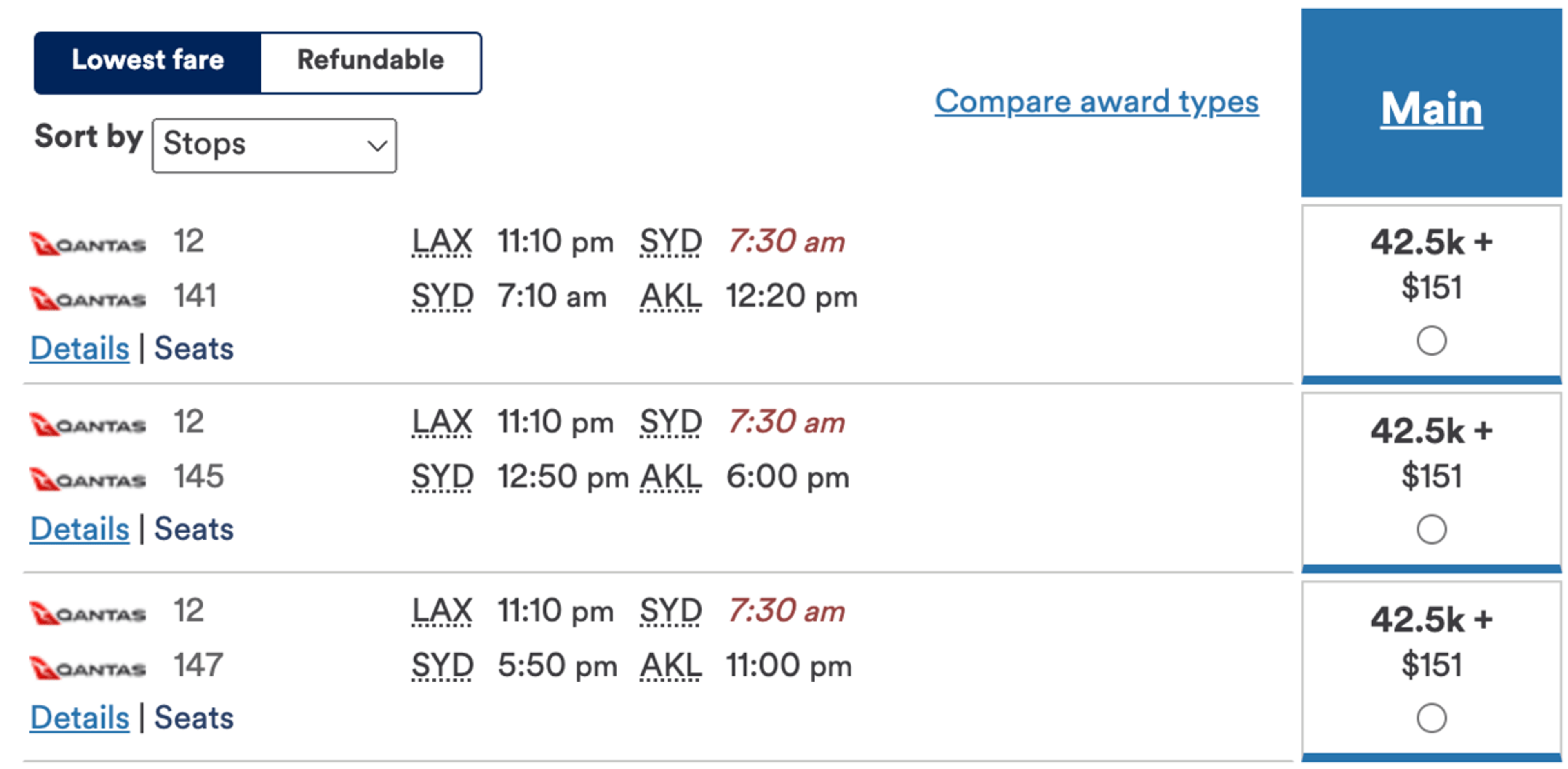 Various itineraries from Los Angeles to Sydney to Auckland for 42,500 miles