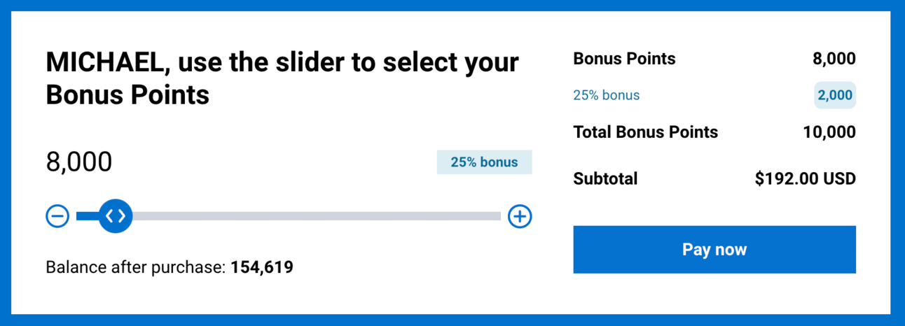 Example of buying 10,000 Hyatt points for $192
