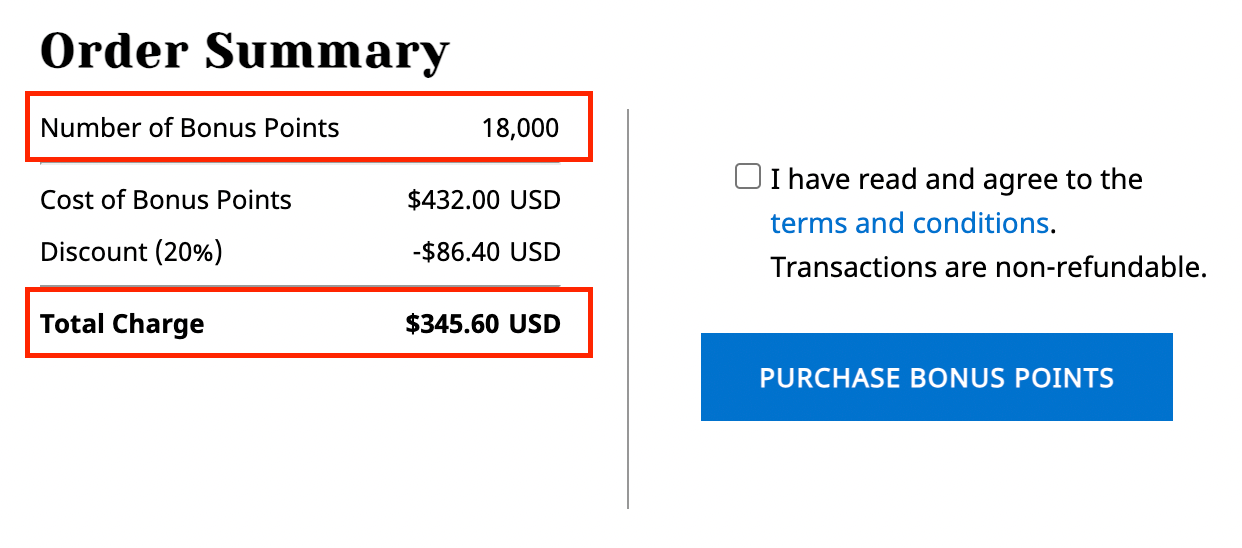 A screenshot of buying 18,000 Hyatt points for $346