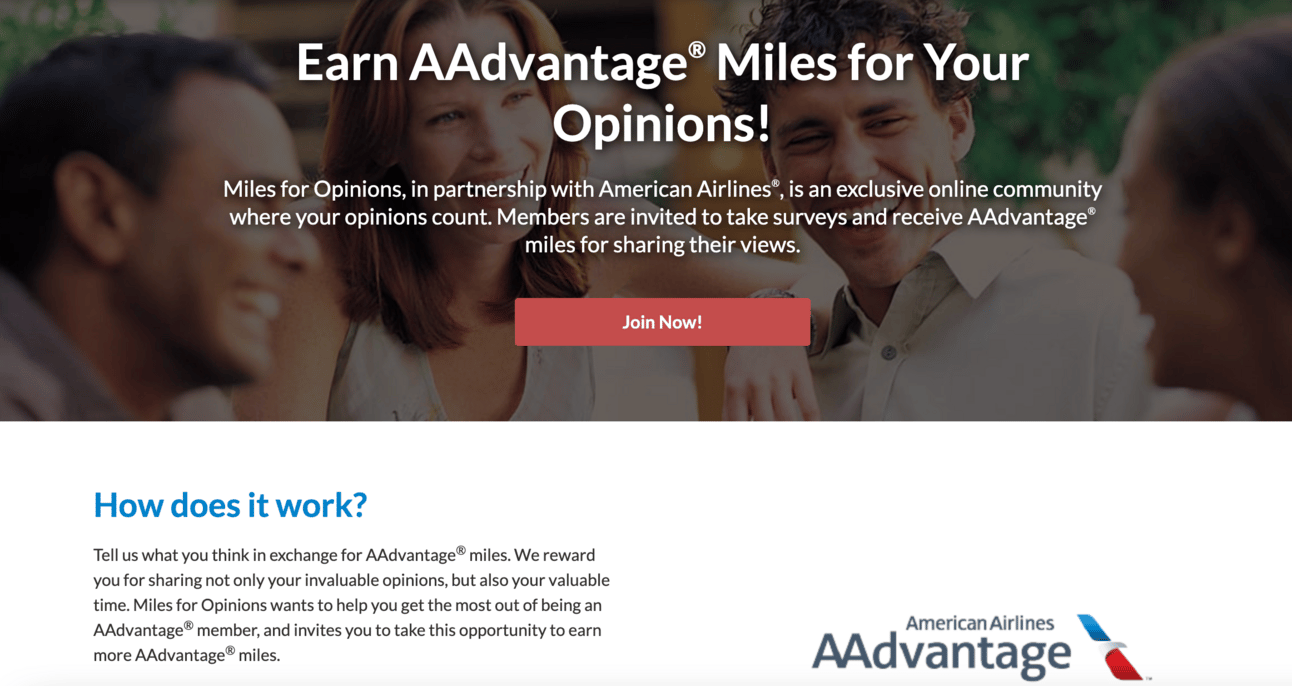 Screenshot of Miles for Opinions to earn AA miles