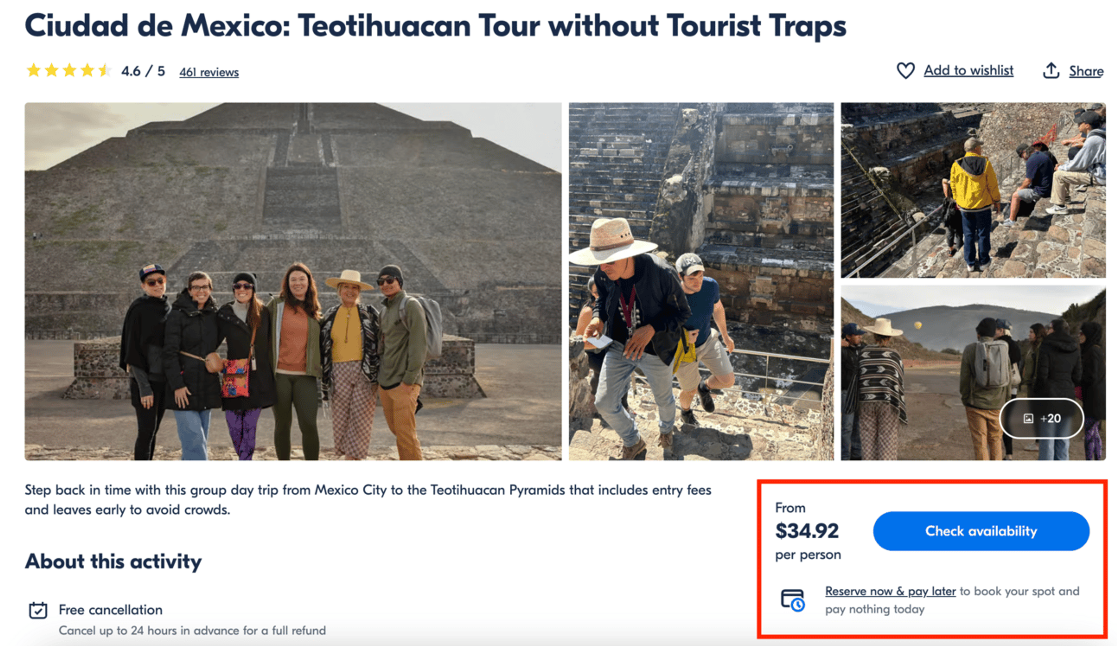 Screenshot from GetYourGuide showing a tour of Teotihuacan in Mexico