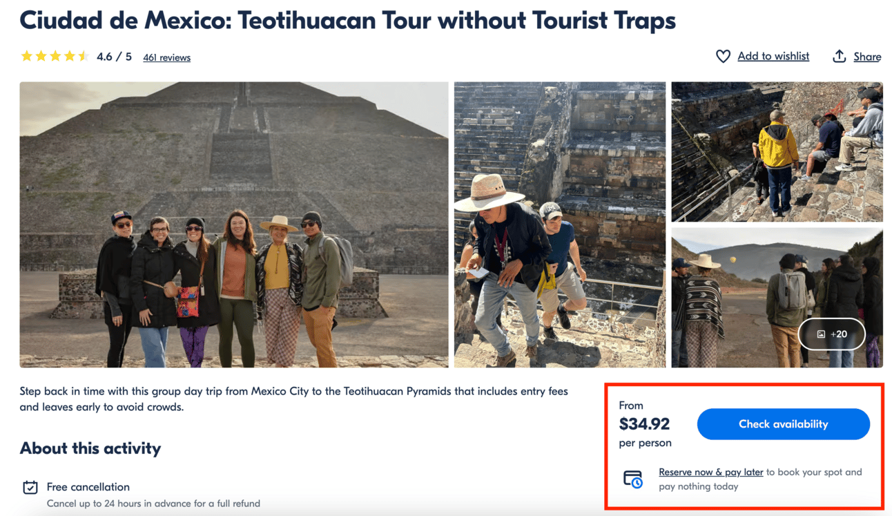 Screenshot from GetYourGuide showing a tour of Teotihuacan in Mexico