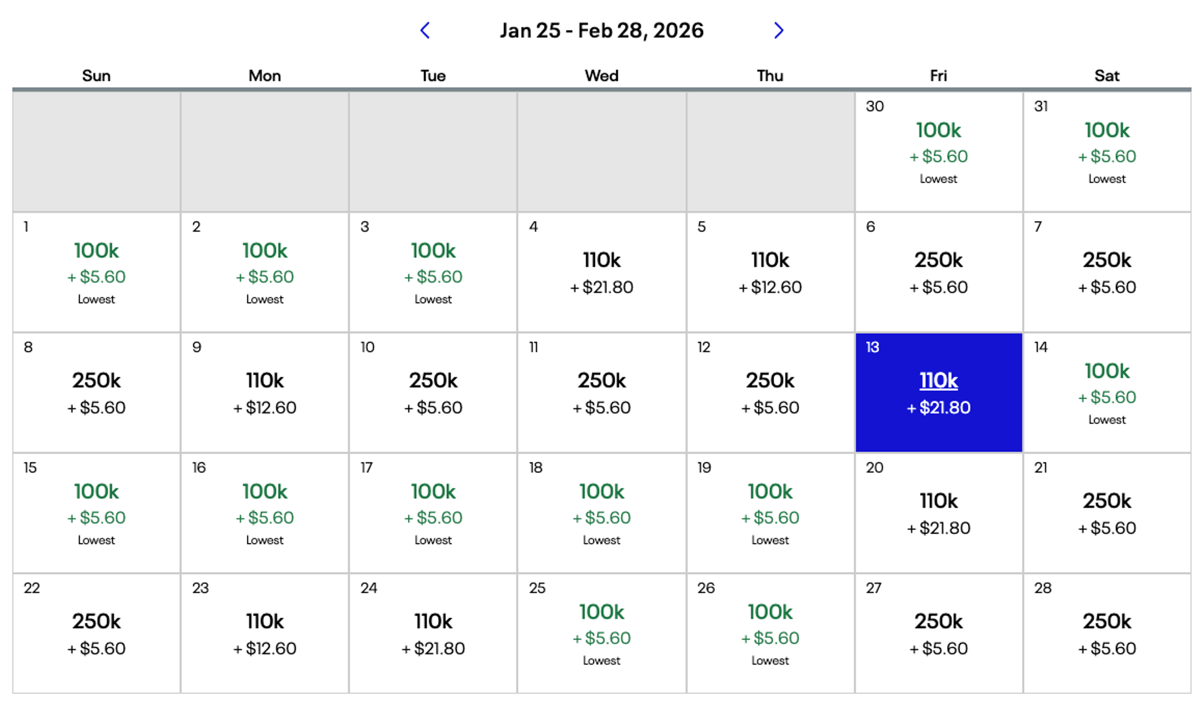 United Airlines Saver Award Calendar View