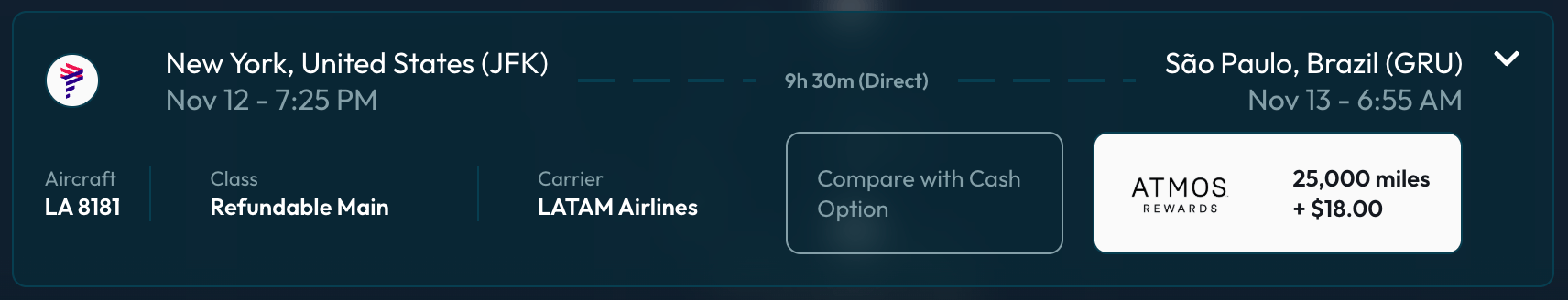 New York to Sao Paolo for 25,000 Atmos points