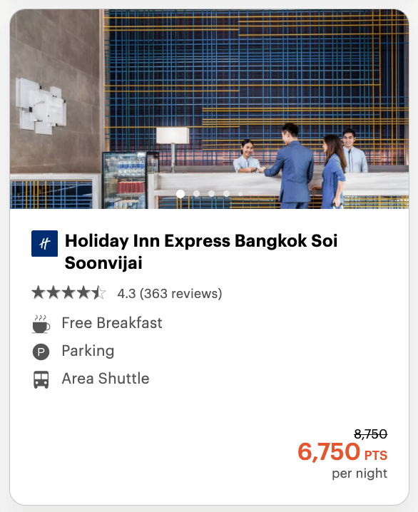 A screenshot showing a sample IHG booking of a Holiday Inn that only costs 6,500 points per night.