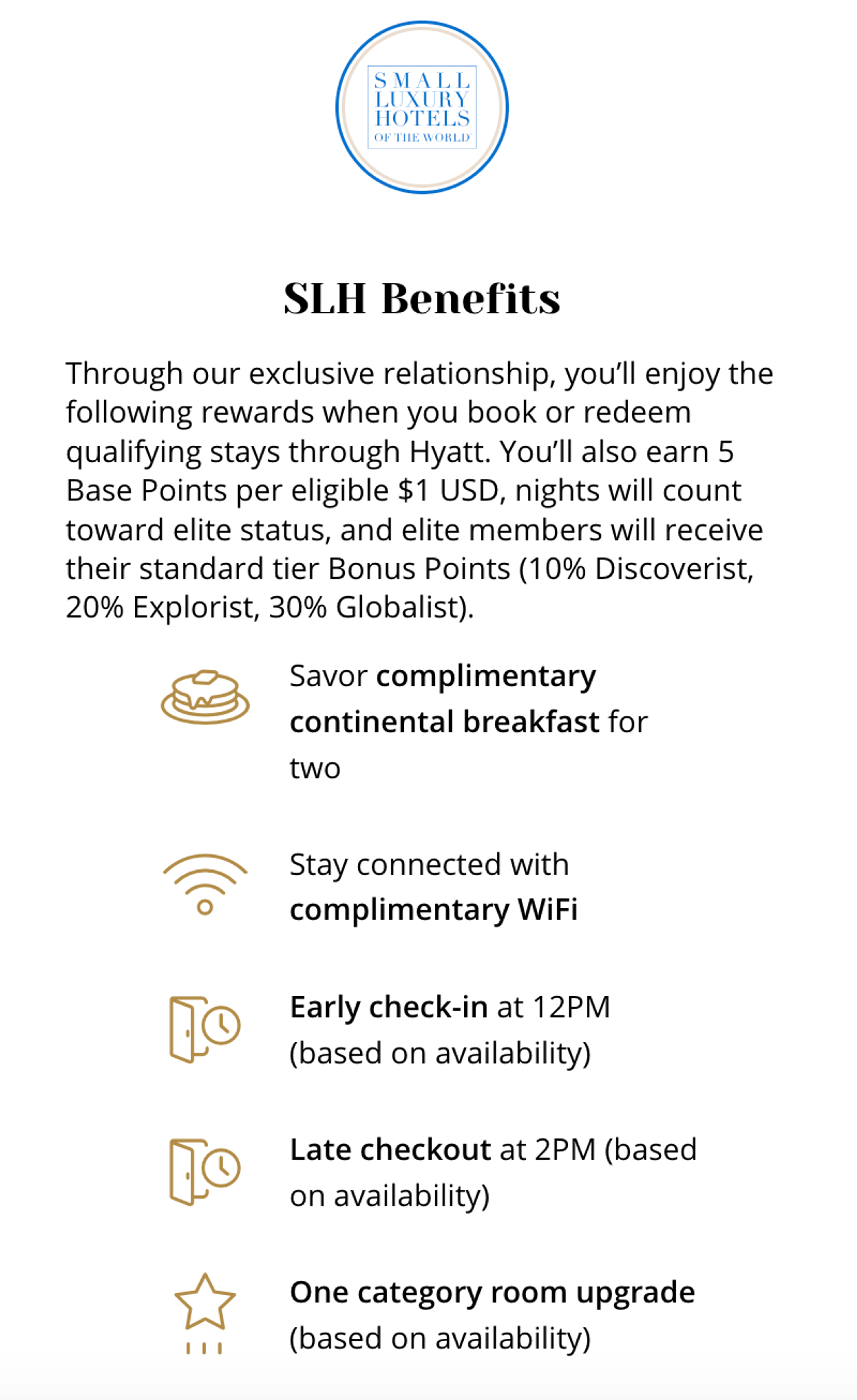 A screenshot of the hotel benefits when booking SLH hotels through Hyatt