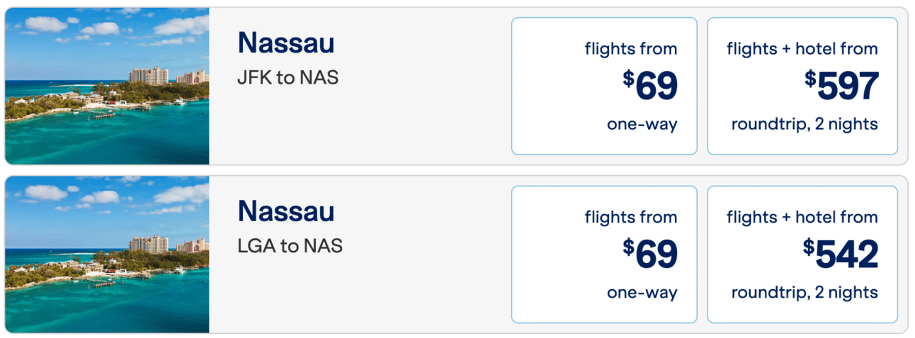 A screenshot showing two examples of flights from the U.S. to Nassau for just $69