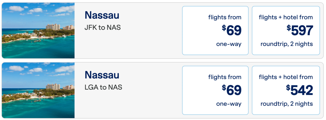 A screenshot showing two examples of flights from the U.S. to Nassau for just $69