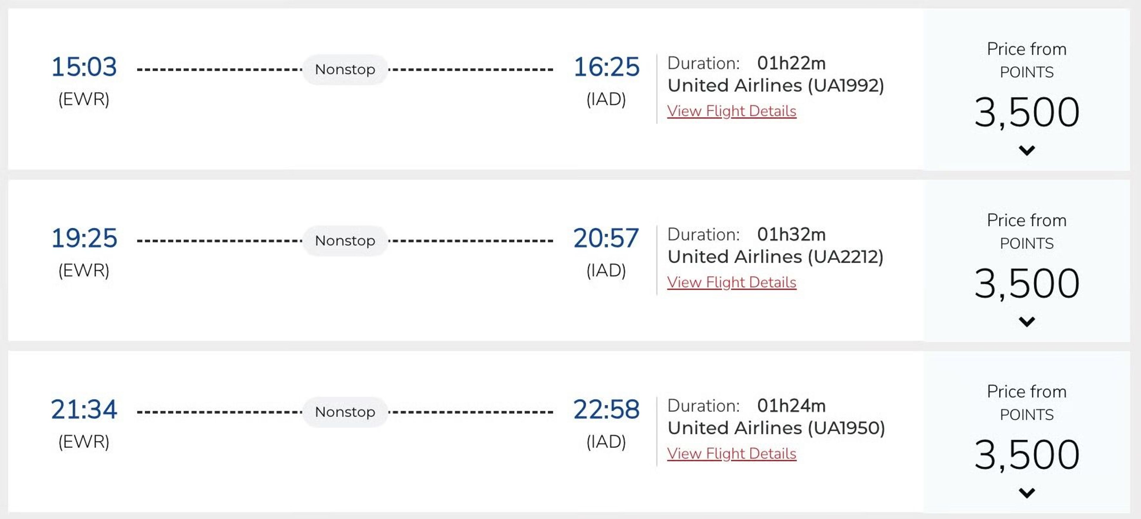 Newark to Washington, D.C. on United for 3,500 Air India points