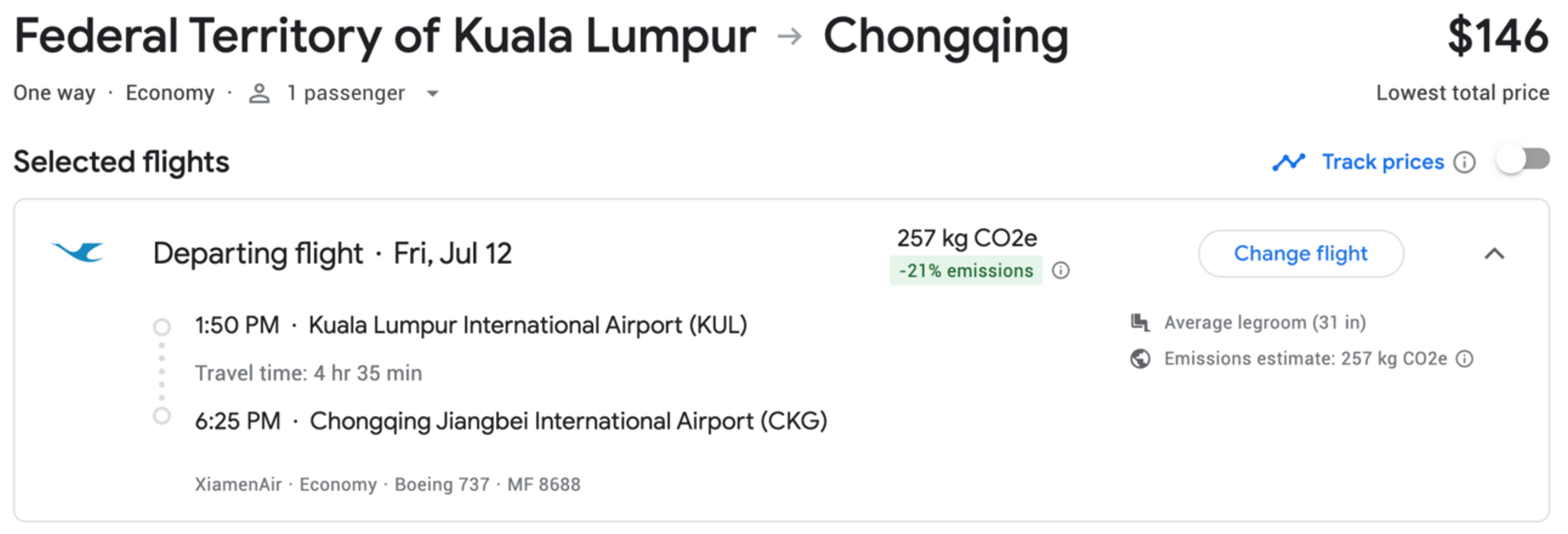 Sample Flight from Kuala Lumpur to Chongqing