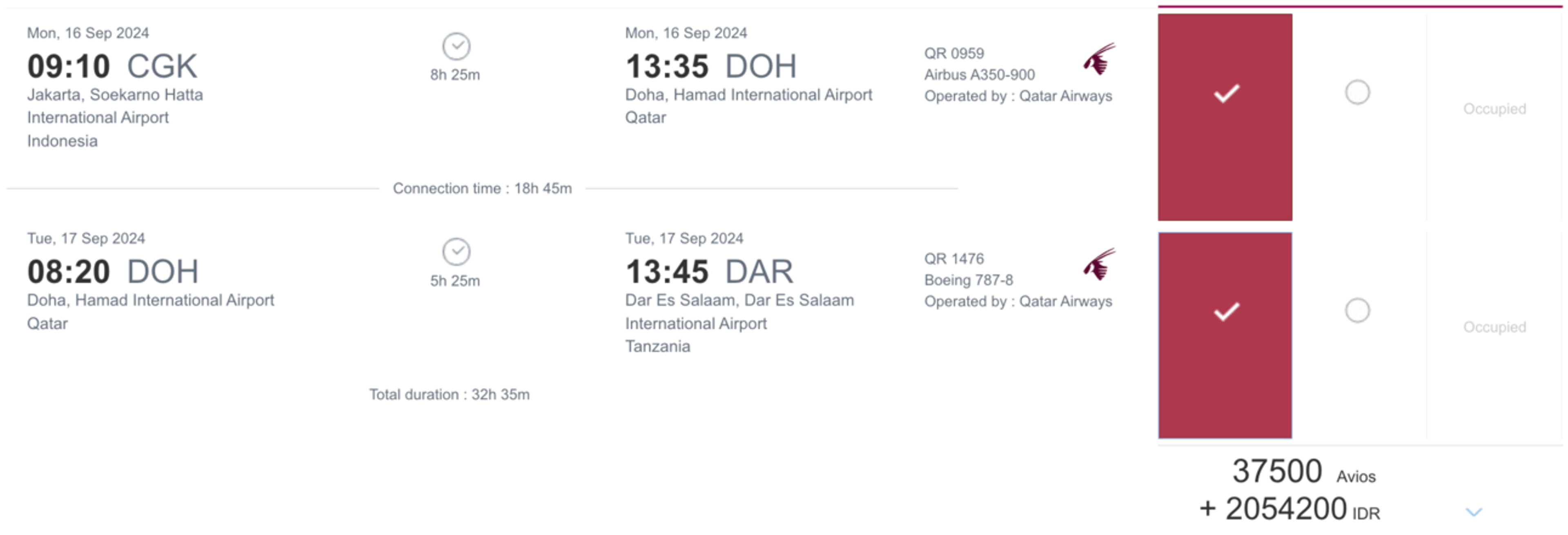 Qatar Airways booking from CGK to DAR for 37,500 points