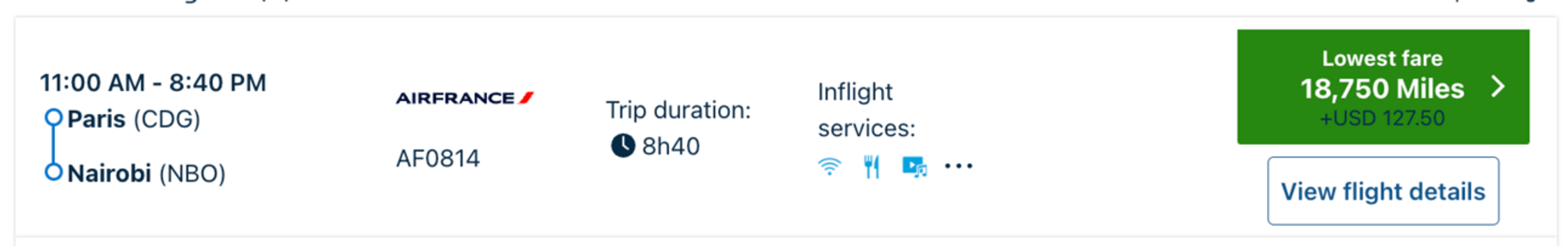 An exmple of using FB miles to fly from Paris to Nairobi