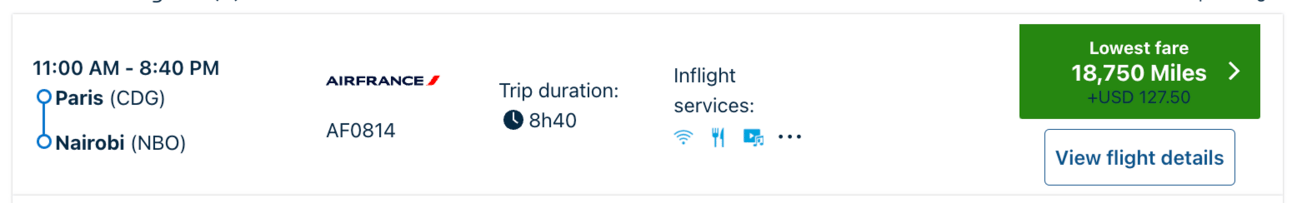 An exmple of using FB miles to fly from Paris to Nairobi