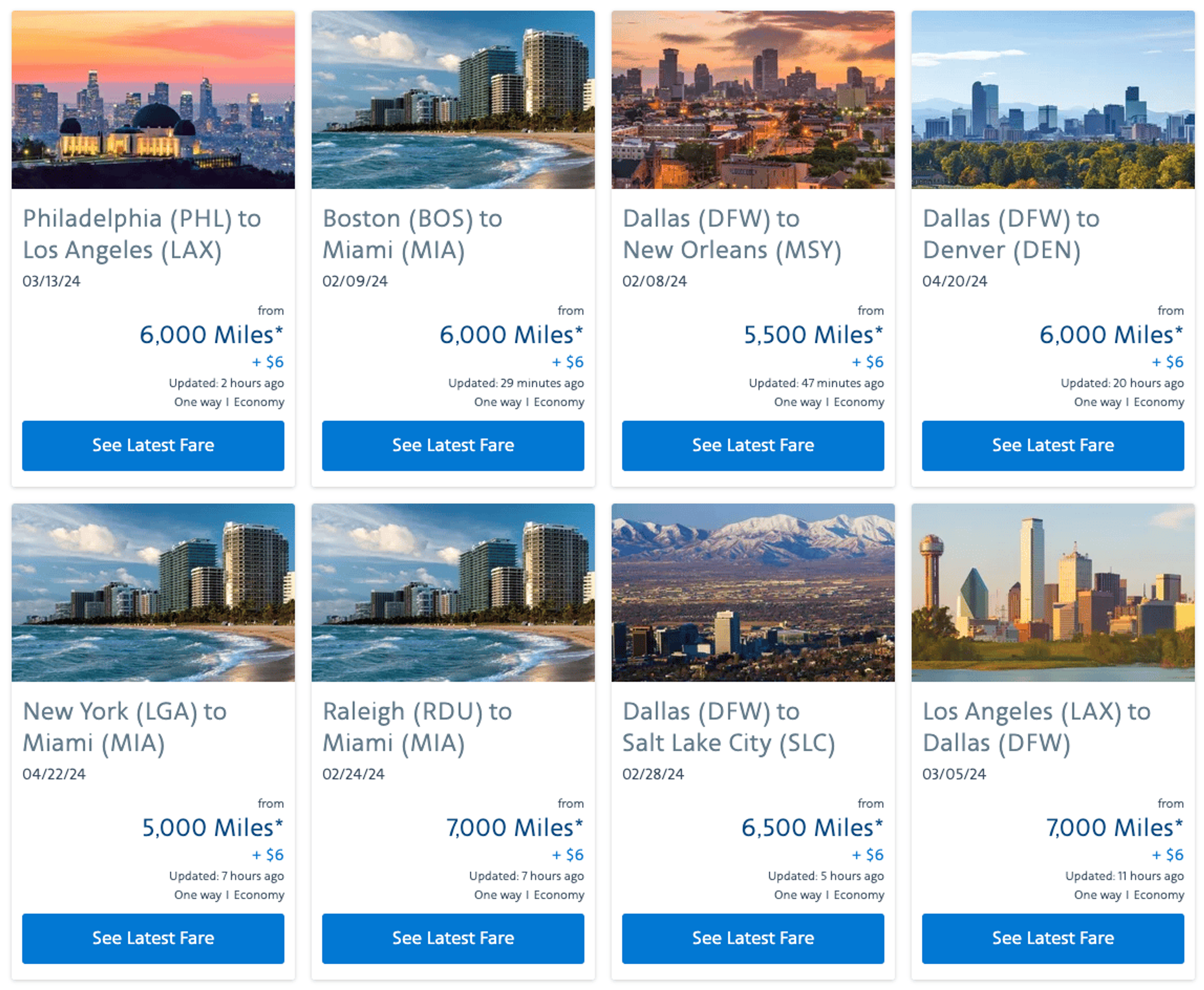 A screenshot from AA's sale page highlighting some examples of discounted domestic routes