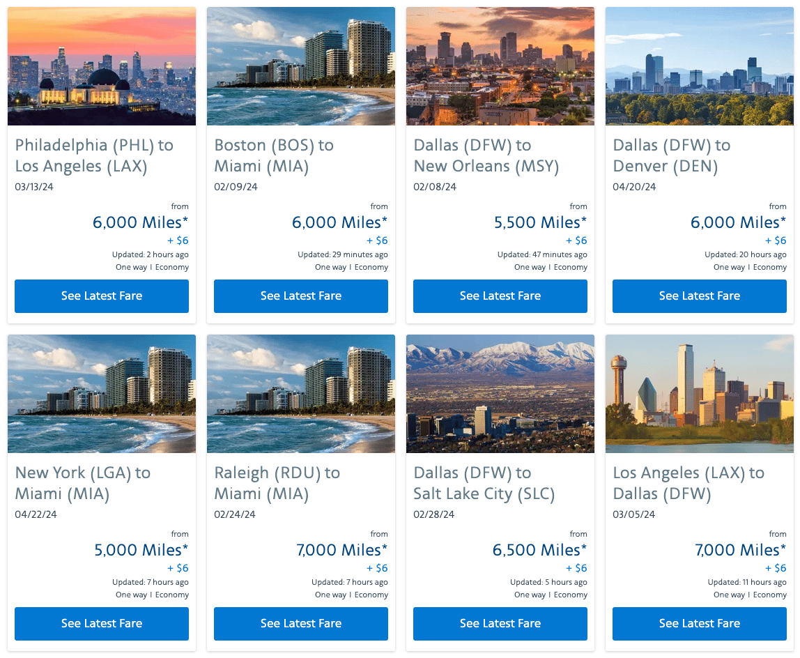 A screenshot from AA's sale page highlighting some examples of discounted domestic routes