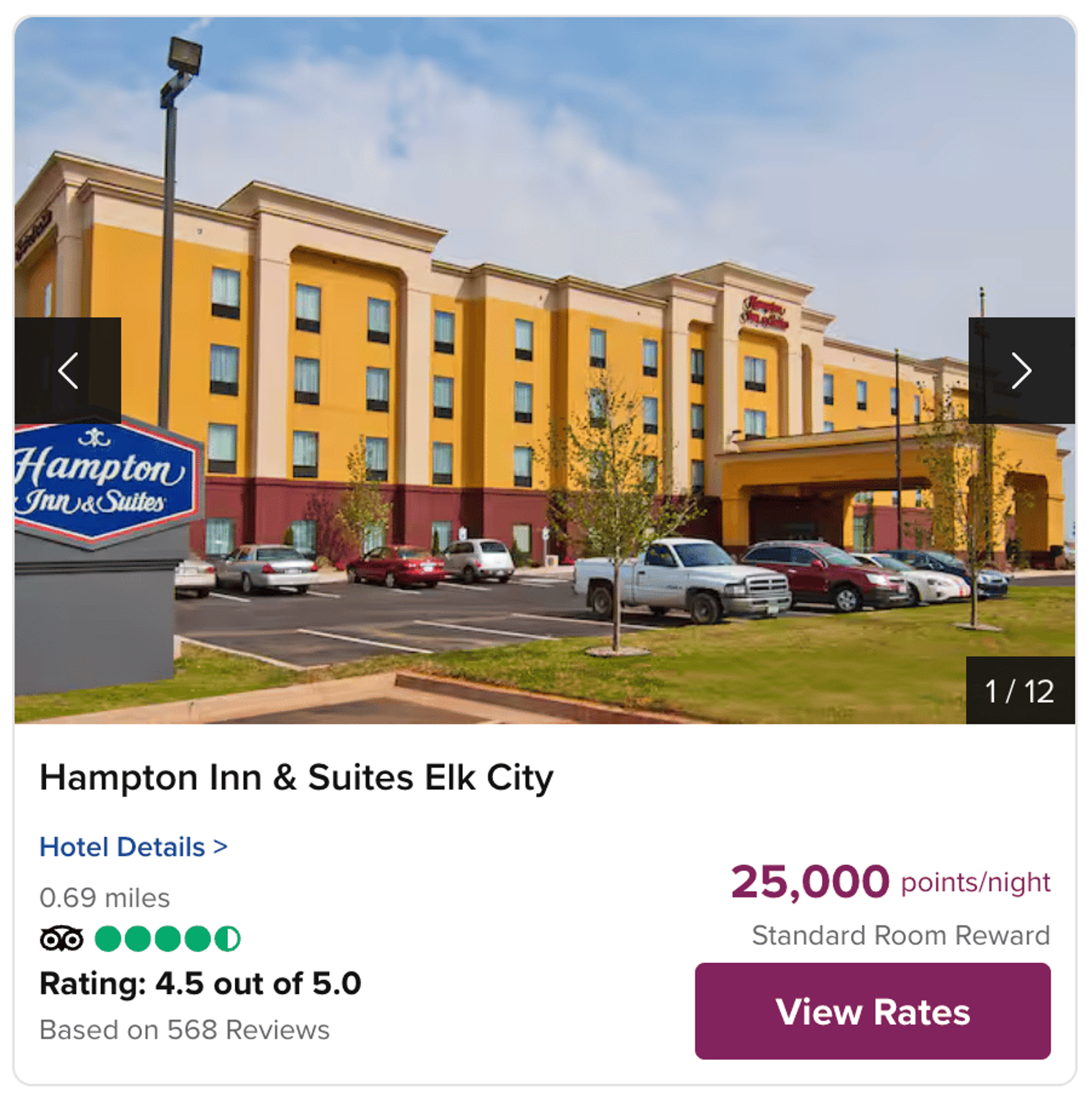 A screenshot from Hilton's site showing a Hampton Inn in Oklahoma bookable for 25,000 points per night