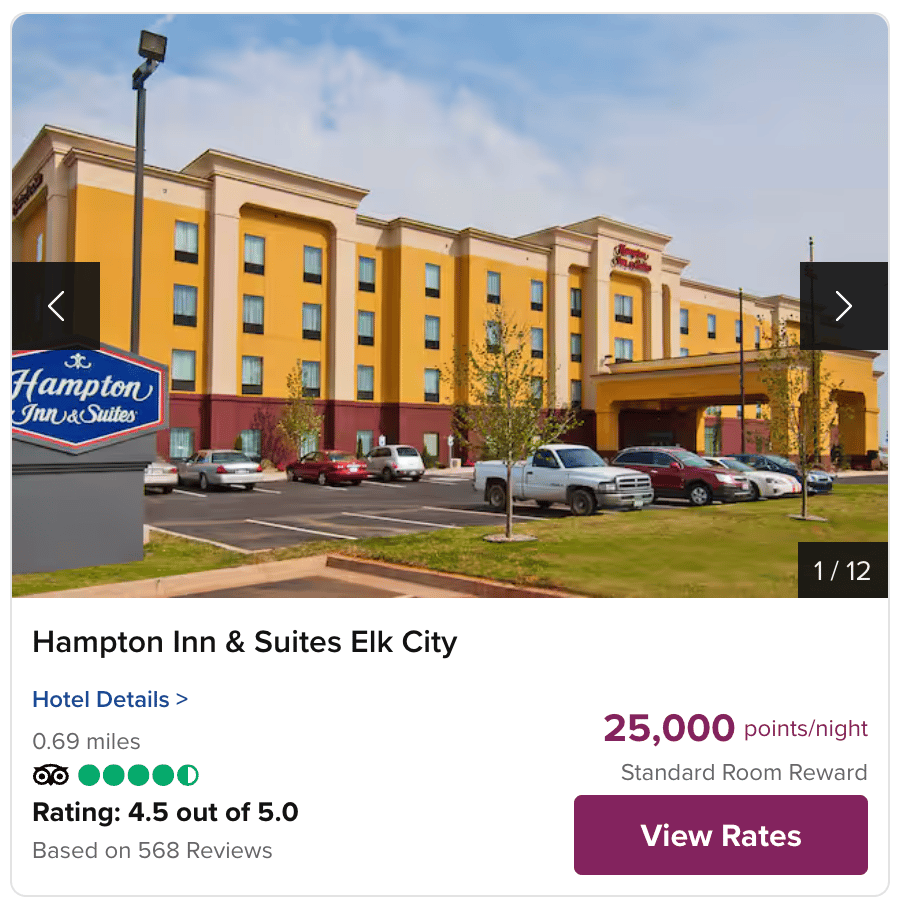 A screenshot from Hilton's site showing a Hampton Inn in Oklahoma bookable for 25,000 points per night