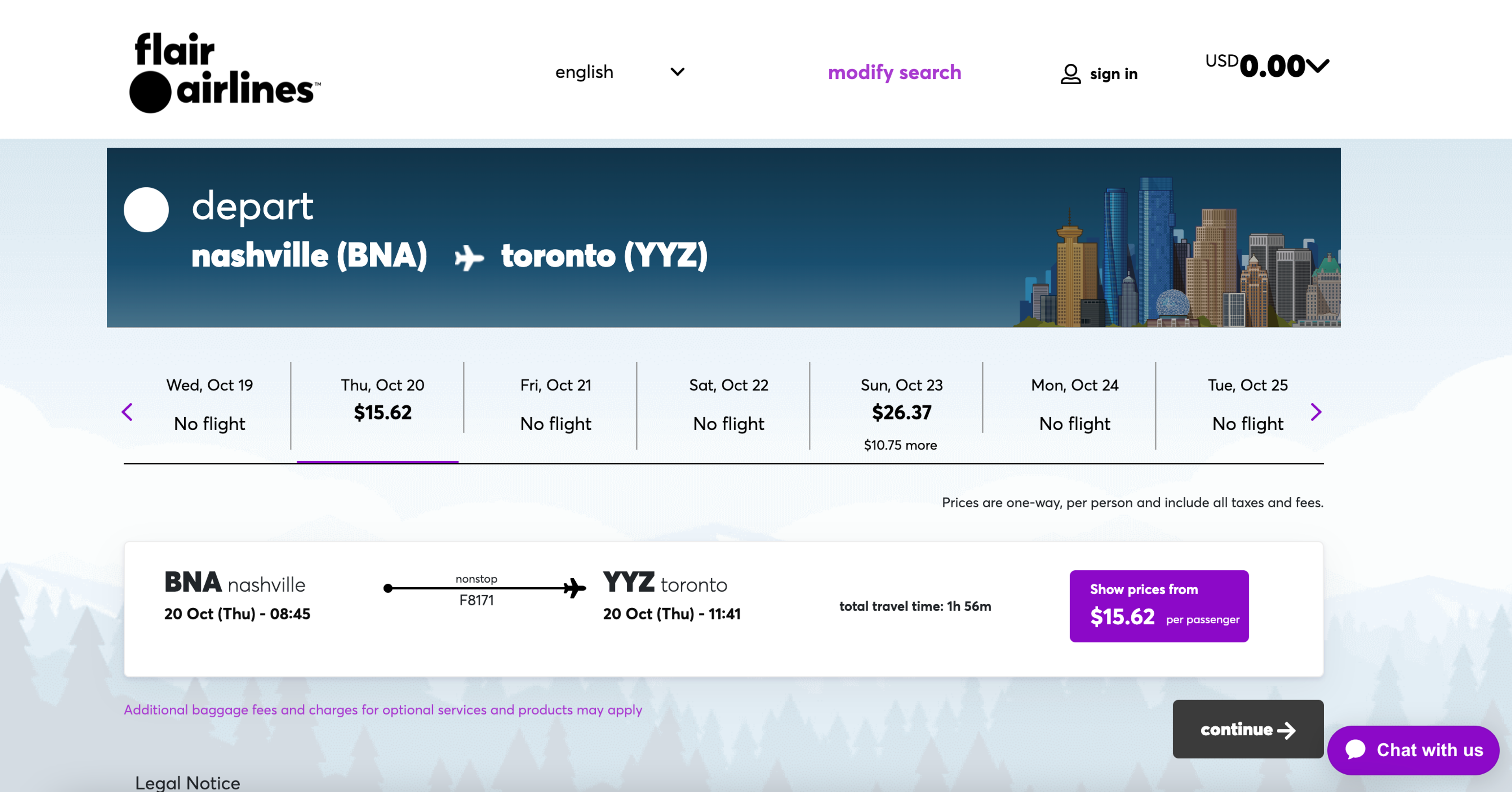 Flair Airlines sample booking